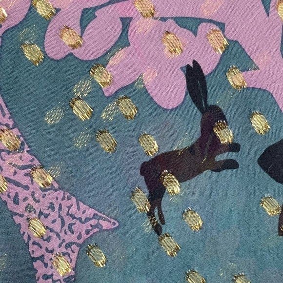 TIBI New York Silk Metallic Gold Teal Rabbit Woodland Forest Sleeveless Blouse 2 - Picture 3 of 15